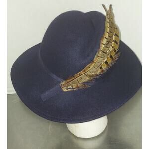 Vtg. Lancaster 100% Wool Ladies Modified Fedora Hat - Navy w/Pheasant Feather